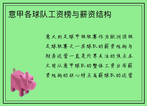 意甲各球队工资榜与薪资结构