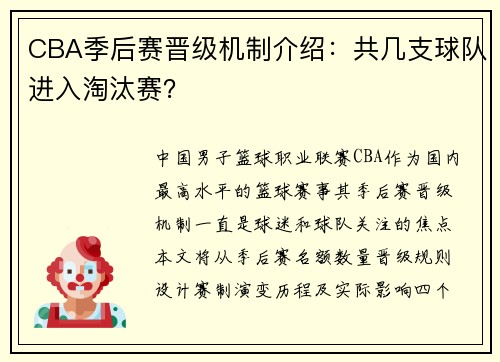 CBA季后赛晋级机制介绍：共几支球队进入淘汰赛？